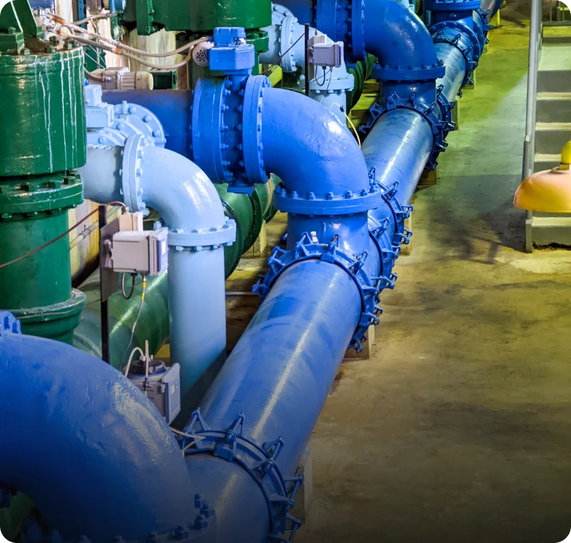 Large blue pipes in a facility