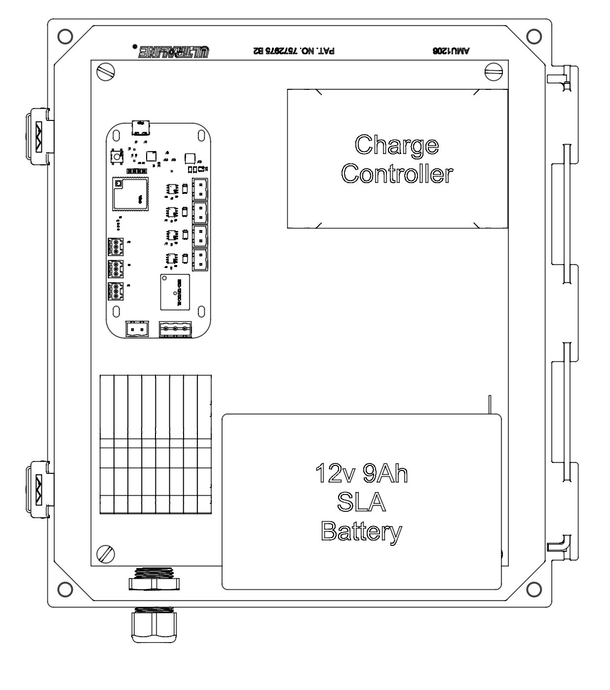 Schematic layout of a charge controller with battery connections.